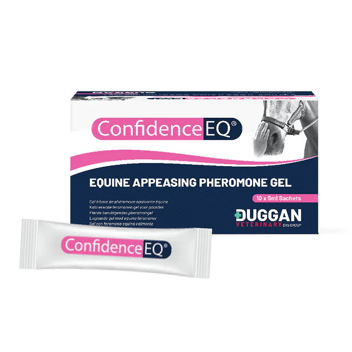 Box and sachet of Confidence EQ Equine Appeasing Pheromone Gel on a white background