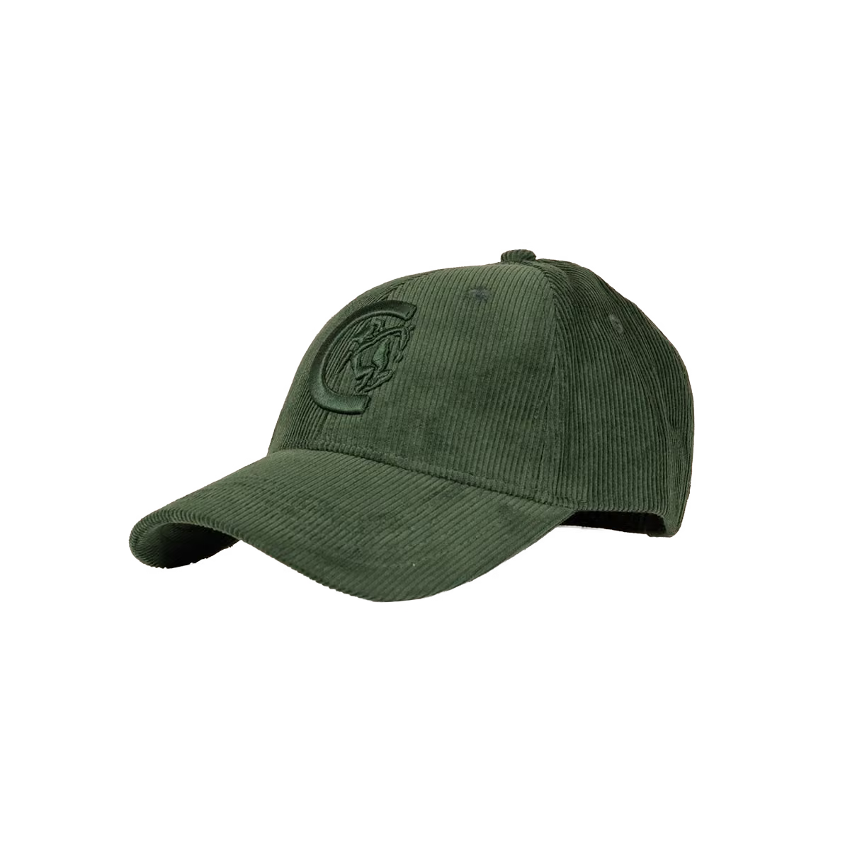An olive green corduroy baseball cap with a tonal embroidered logo on the front, shown against a plain white background.