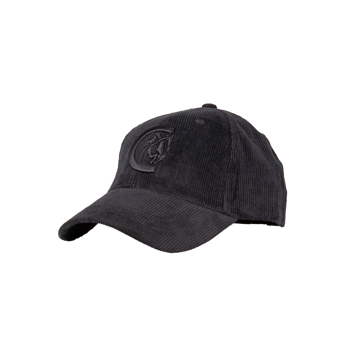 A navy corduroy baseball cap with a tonal black embroidered logo patch on the front, shown against a plain white background.