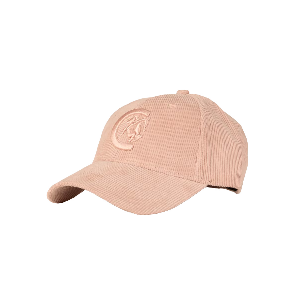A light peach-pink corduroy baseball cap with a tonal embroidered logo on the front, shown against a plain white background.
