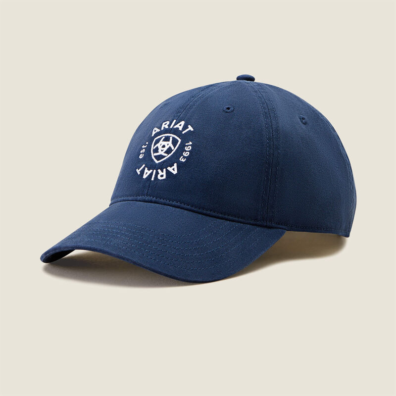 Blue cap with a logo on a beige background