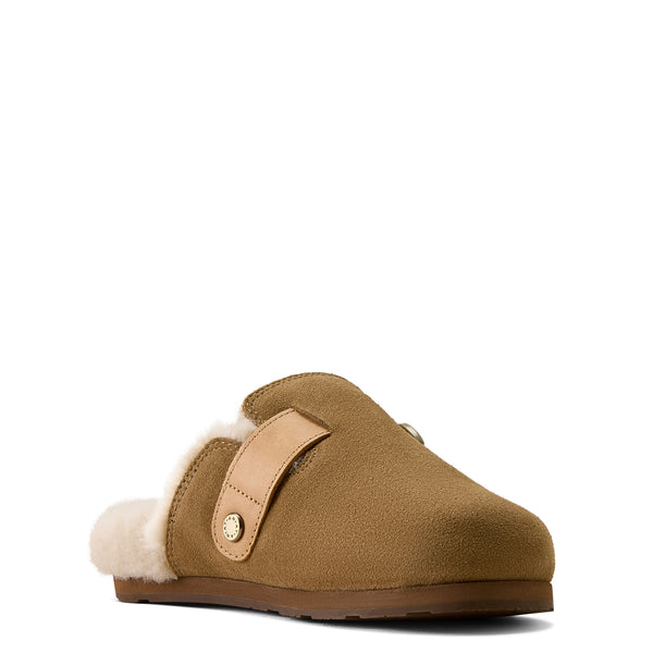 A single slip-on clog-style mule shoe in tan suede with a light beige faux-leather strap and white shearling lining, shown from a side profile on a white background.