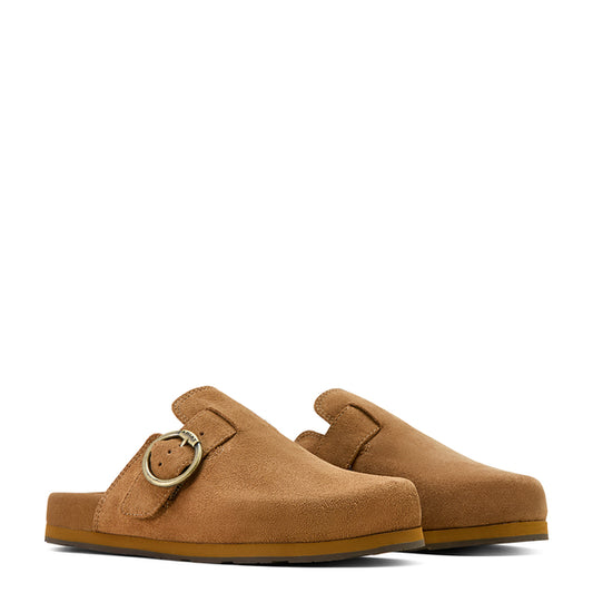 Pair of brown suede clogs with a gold buckle on a white background