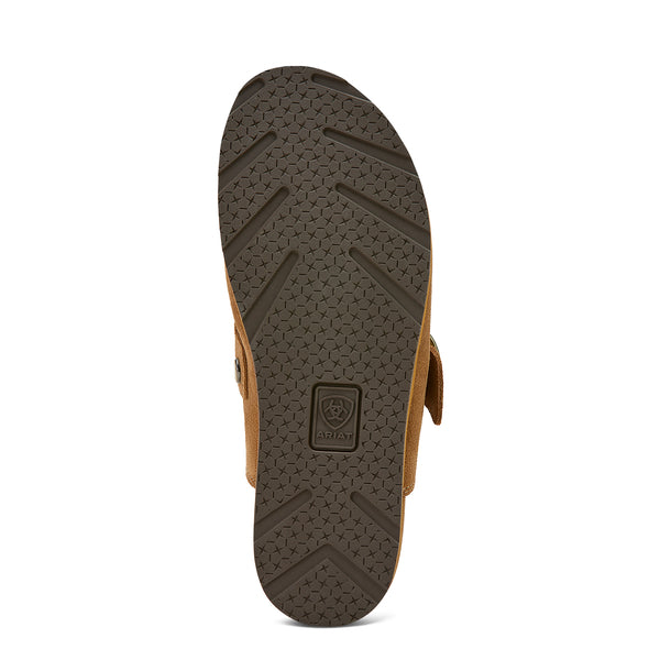 Brown sandal sole with brand logo on a white background