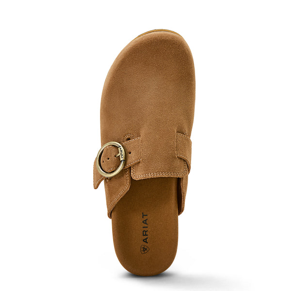 Brown suede clog shoe with a gold buckle on a white background