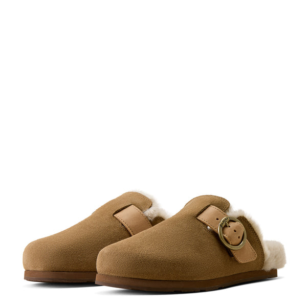 A pair of tan suede clogs with white shearling lining and a brown leather strap with a gold-tone buckle, shown against a plain white background.