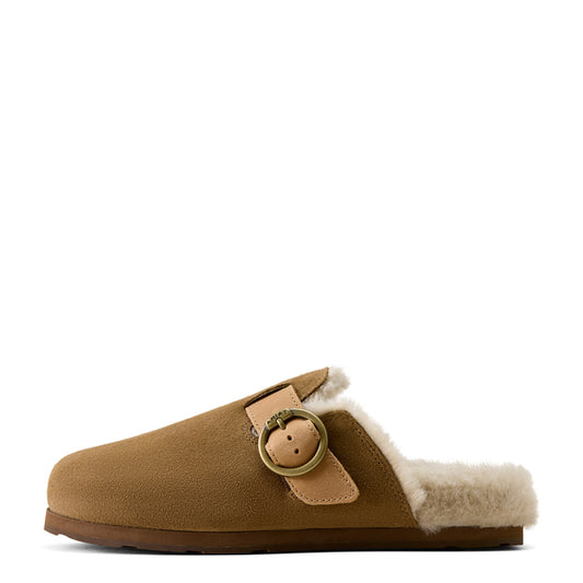 A single tan suede mule slipper with a light beige shearling lining and a tan strap featuring a gold-tone circular buckle, shown from a side profile on a white background.