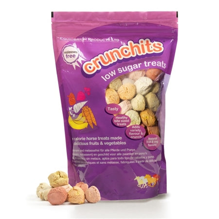 Purple bag of Crunchits low sugar horse treats on a white background