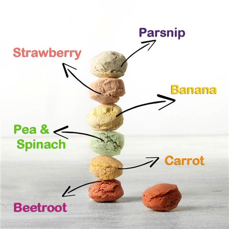 Stack of colorful treats labeled with vegetables and fruits on a white background