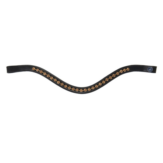 A brown leather horse browband featuring a decorative row of gold-toned studs along the center, shown against a plain white background.