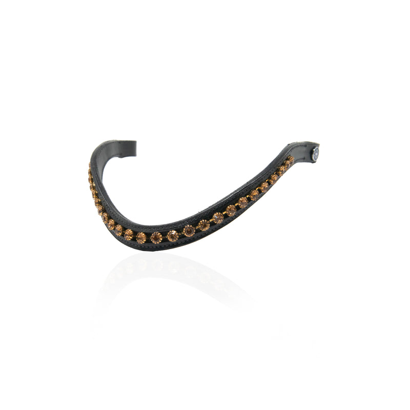 A black leather horse browband featuring a decorative row of gold-toned studs along the center, shown against a plain white background.
