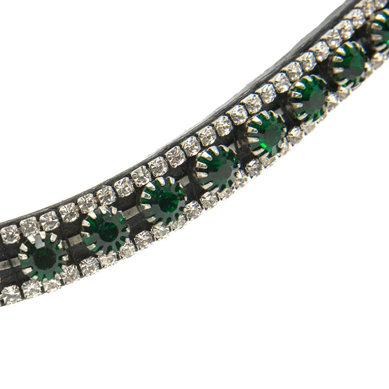 A close-up of a browband featuring a row of faceted green gemstones and clear rhinestones set in a silver-toned metal, shown against a plain white background.