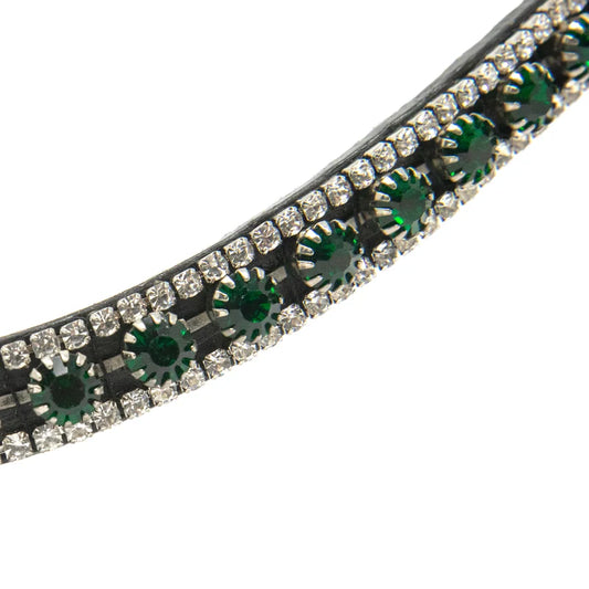 A close-up of a browband featuring a row of faceted green gemstones and clear rhinestones set in a silver-toned metal, shown against a plain white background.