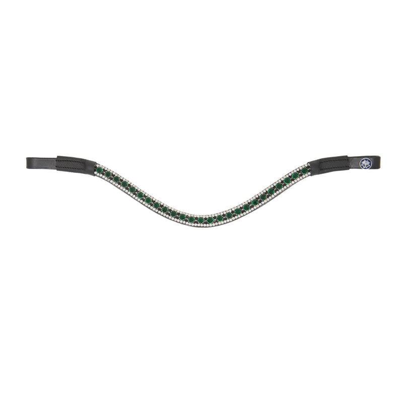 A browband featuring a row of faceted green gemstones and clear rhinestones set in a silver-toned metal, shown against a plain white background.
