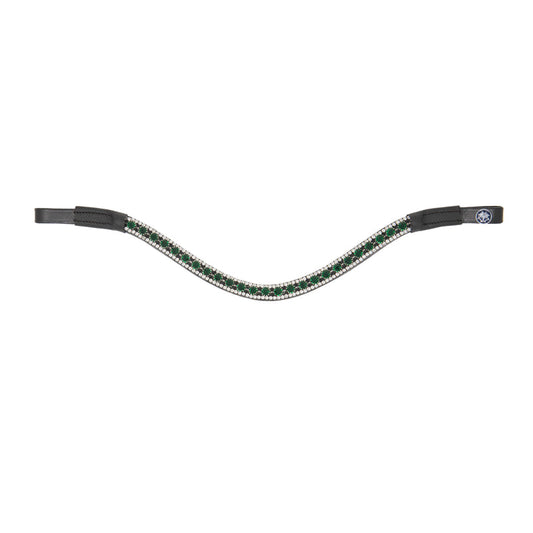 A browband featuring a row of faceted green gemstones and clear rhinestones set in a silver-toned metal, shown against a plain white background.
