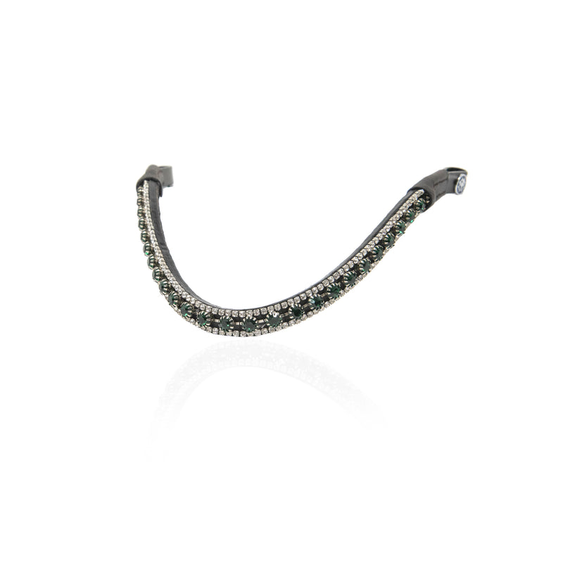 A browband featuring a row of faceted green gemstones and clear rhinestones set in a silver-toned metal, shown against a plain white background.
