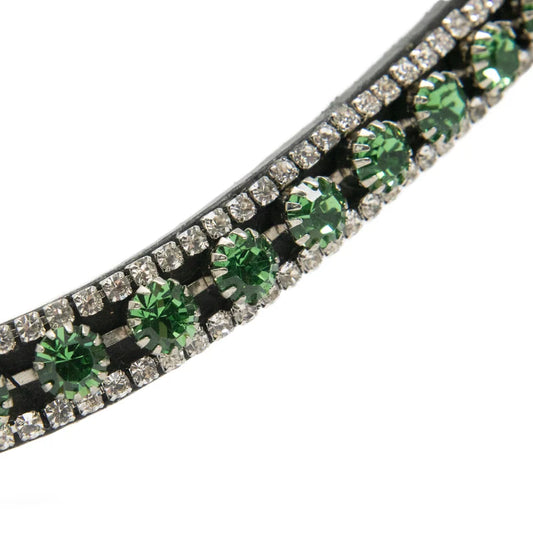 A browband with a black metal base set with rows of green and clear crystals, displayed on a clean white background with a soft reflection.