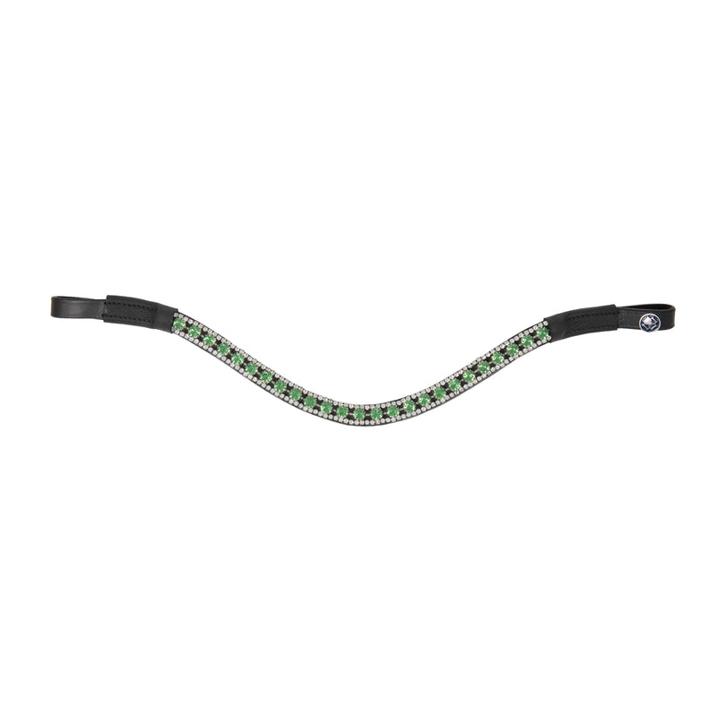 A browband with a black metal base set with rows of green and clear crystals, displayed on a clean white background with a soft reflection.