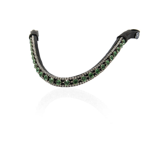 A browband with a black metal base set with rows of green and clear crystals, displayed on a clean white background with a soft reflection.