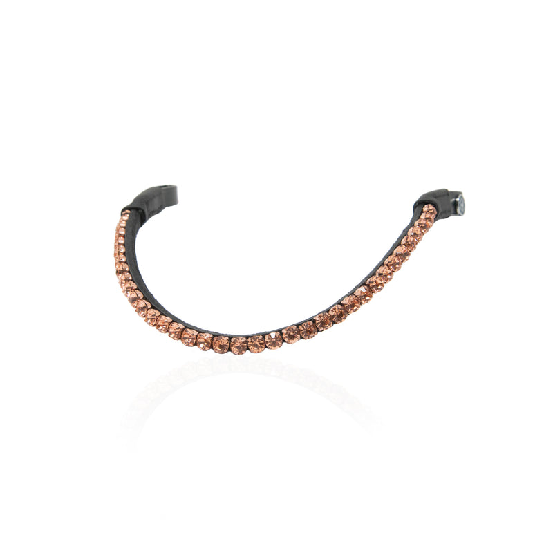 Horse browband with a curved row of rose gold rhinestones, displayed on a clean white background with a subtle reflection.