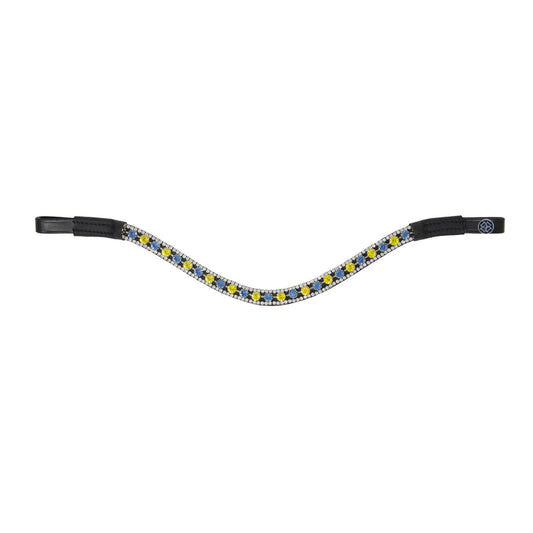 A browband with embellished rows of clear rhinestones and alternating round yellow and blue gemstones on a white background.