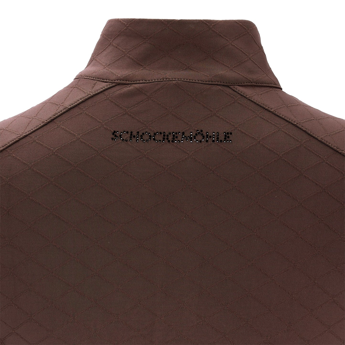 Close-up of the back of a brown baselayer with a stand collar and the word 'SCHOCKEMOHLE' embroidered in black across the upper back, shown against a white background.