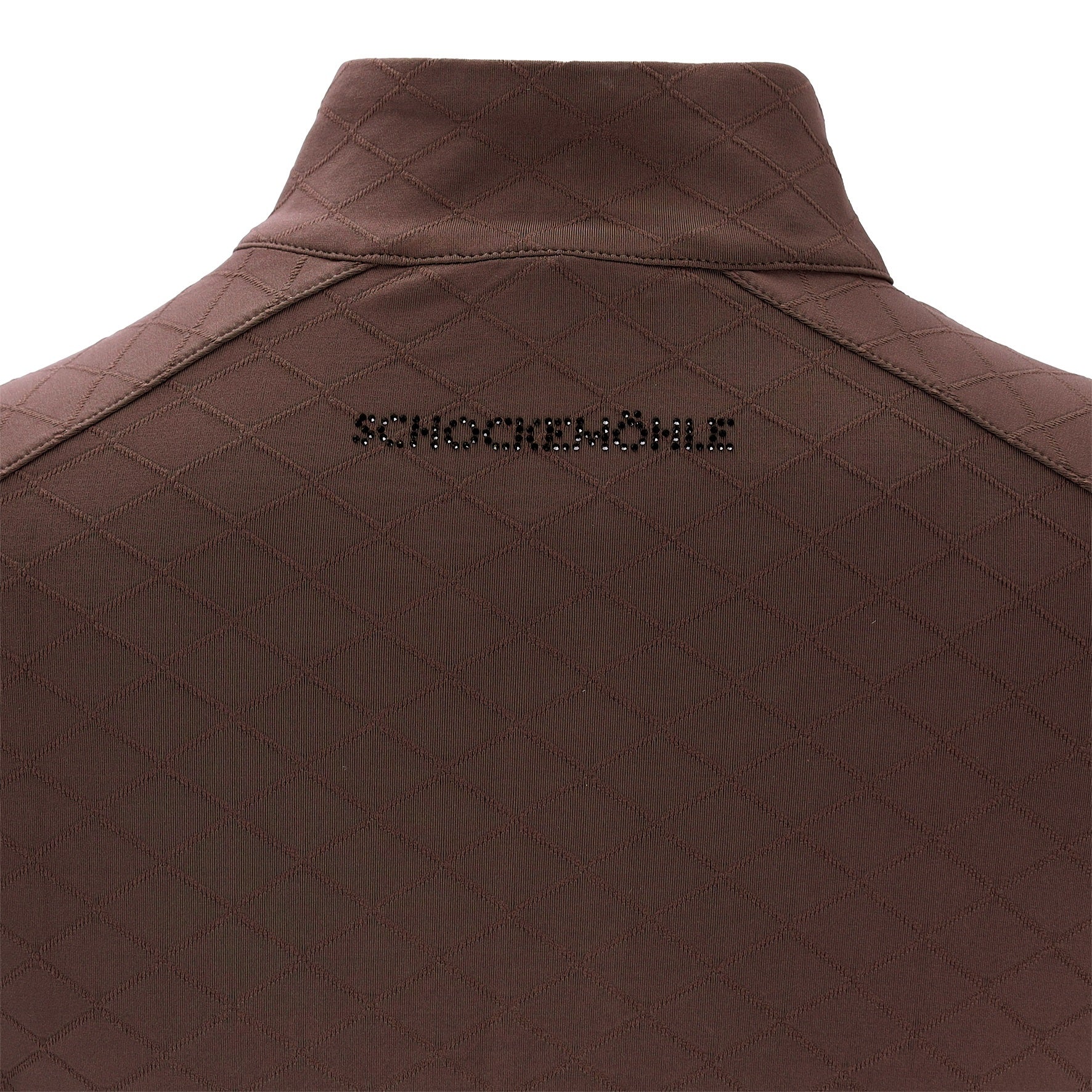 Close-up of the back of a brown baselayer with a stand collar and the word 'SCHOCKEMOHLE' embroidered in black across the upper back, shown against a white background.