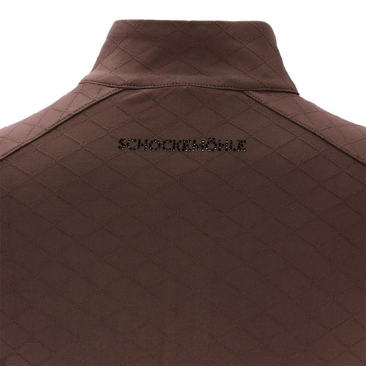 Close-up of the back of a brown baselayer with a stand collar and the word 'SCHOCKEMOHLE' embroidered in black across the upper back, shown against a white background.