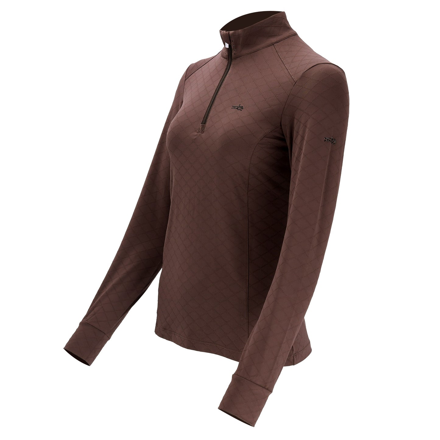 A brown long-sleeve quarter-zip athletic pullover with a subtle diamond texture, shown on a white background.