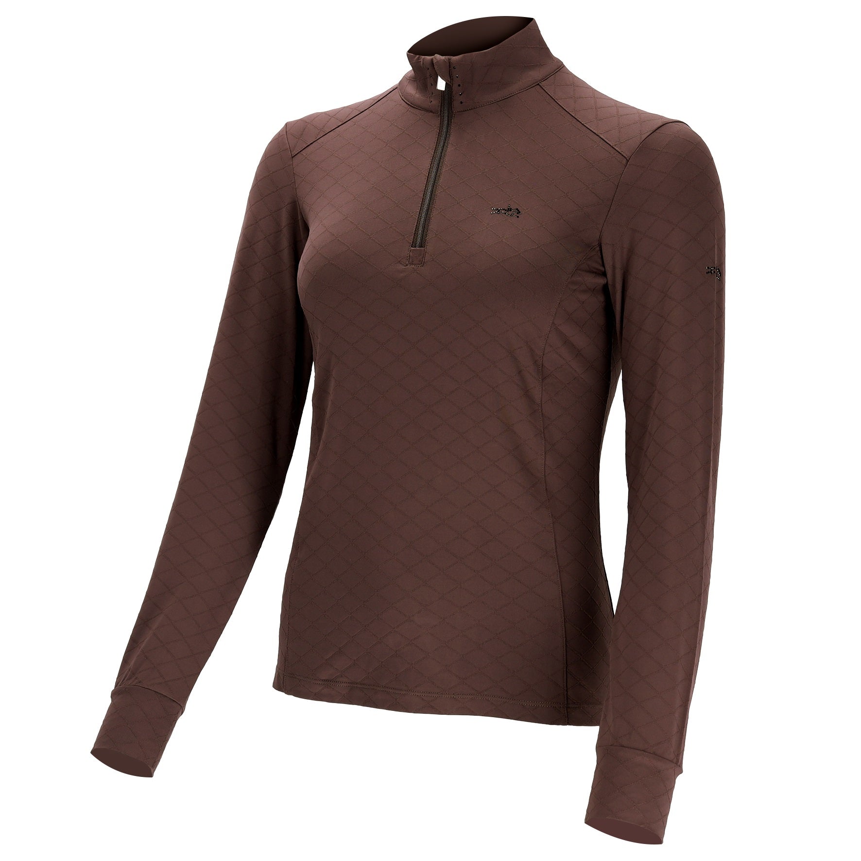 A women's long-sleeve quarter-zip baselayer in dark brown, featuring a subtle diamond quilted texture and a small black logo on the left chest, displayed on a clean white background.