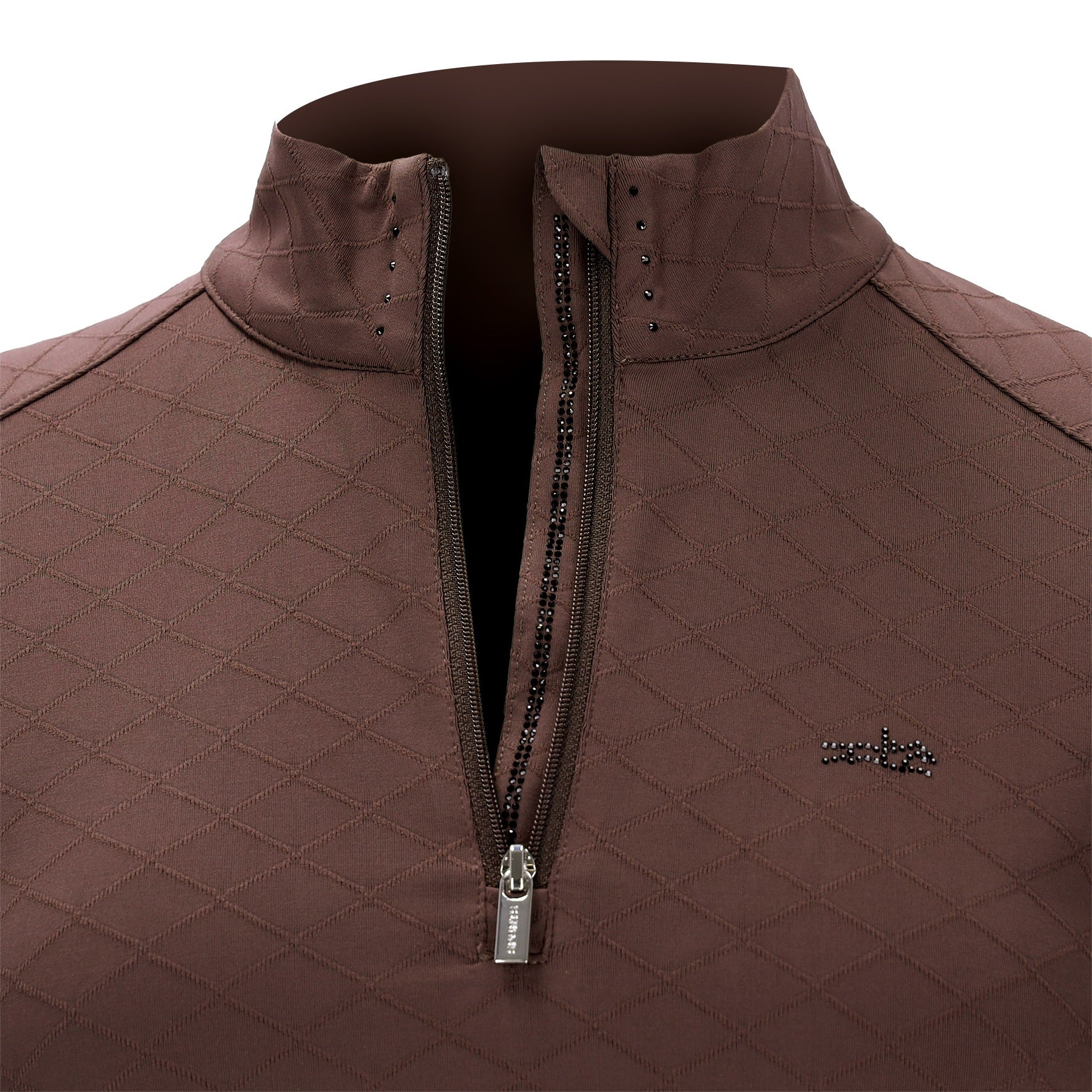 A close-up of a brown quilted quarter-zip baselayer with a stand-up collar, dark zipper trim, and a small embroidered logo on the chest.