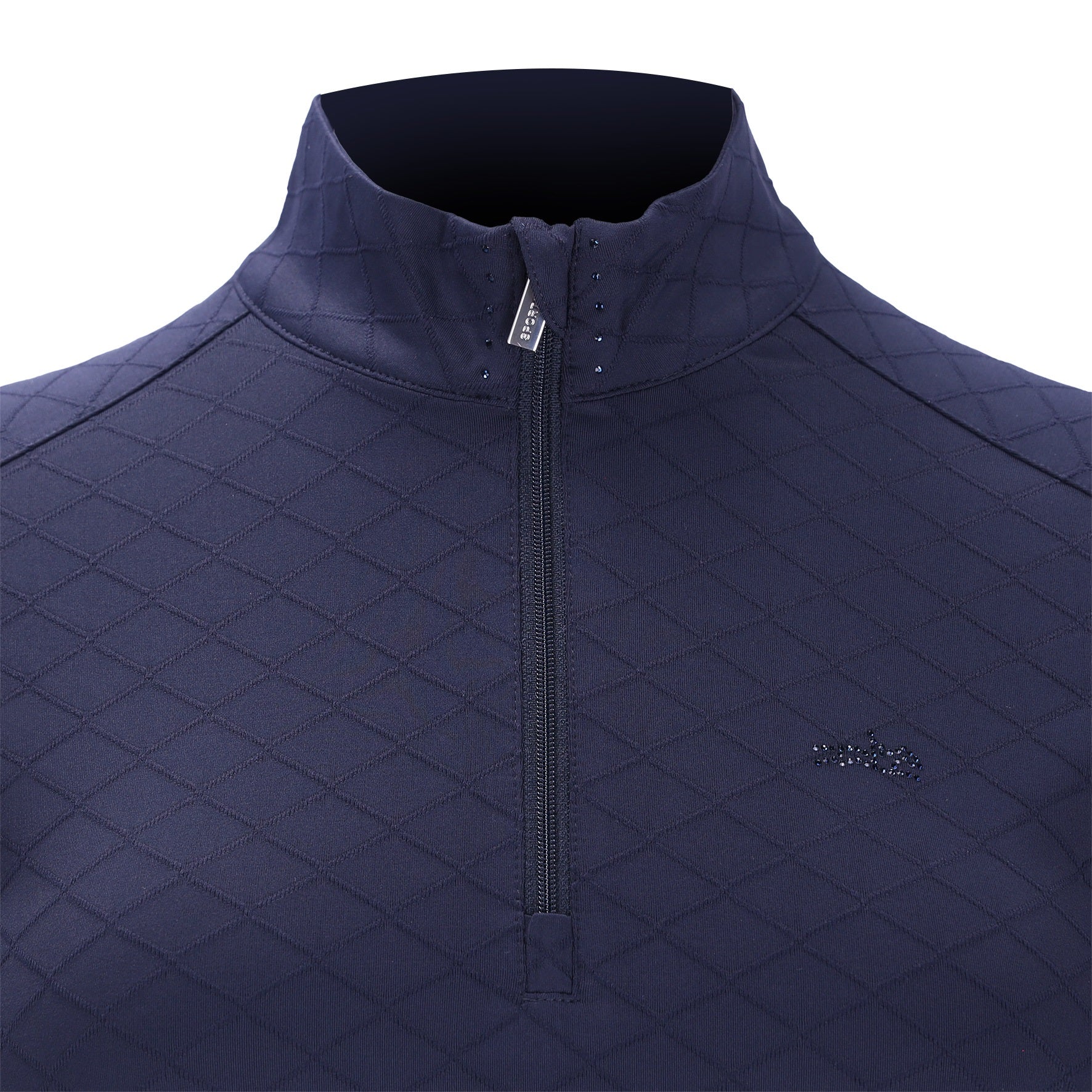 A close-up of a dark navy quilted quarter-zip baselayer, showing the diamond-patterned fabric texture, a high collar, and a small embroidered logo on the left chest.