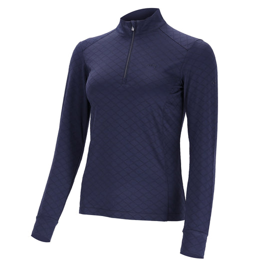 A women's long-sleeve quarter-zip athletic top in dark navy blue, featuring a subtle diamond quilted texture and a small tonal logo on the left chest, displayed on a clean white background.
