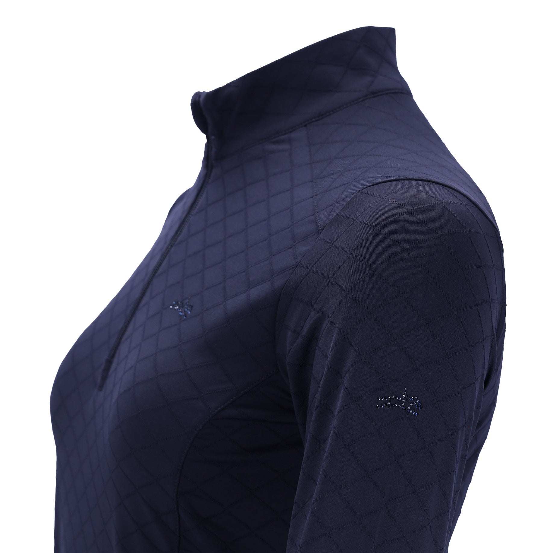 A close-up side view of a dark navy athletic quarter-zip top with a diamond quilted texture and small embroidered logo on the chest and upper sleeve, set against a plain white background.