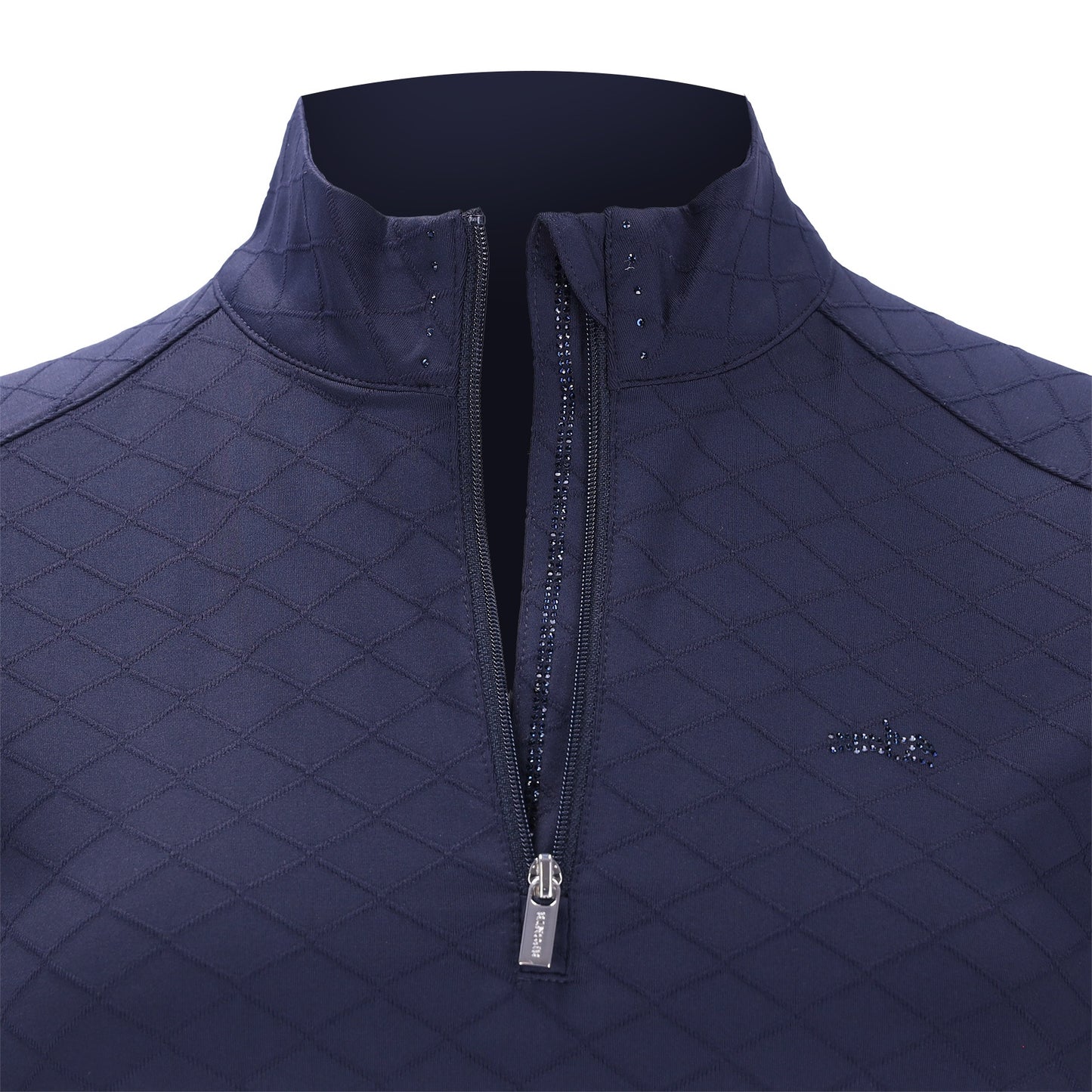 A close-up of a navy blue quilted half-zip baselayer with a stand-up collar and a small embroidered logo on the left chest, set against a plain white background.