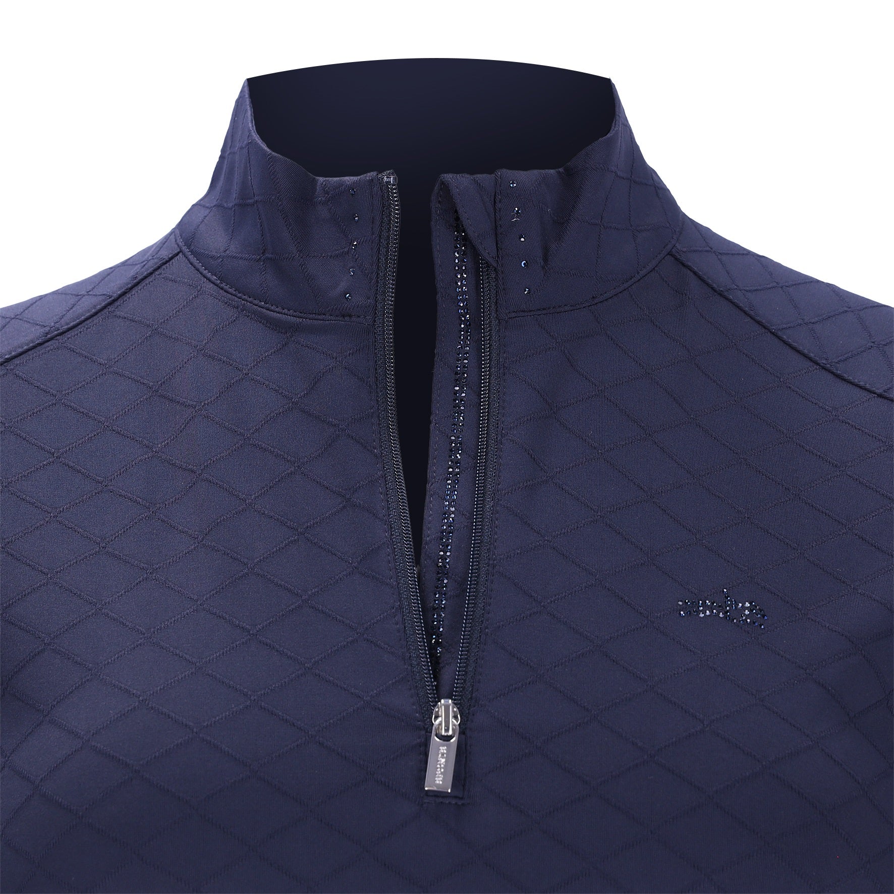 A close-up of a navy blue quilted half-zip baselayer with a stand-up collar and a small embroidered logo on the left chest, set against a plain white background.