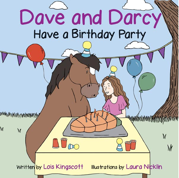 Book cover of 'Dave and Darcy Have a Birthday Party' with a horse and a girl at a birthday table.