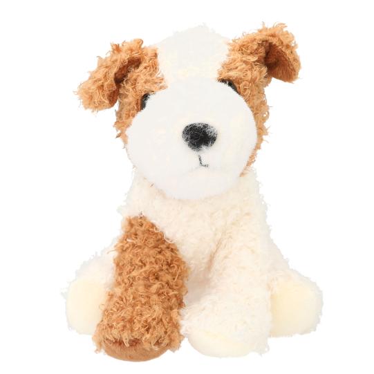 Plush dog toy with brown and white fur on a white background