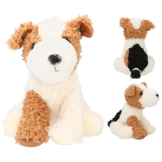 Three plush dogs with different poses on a white background