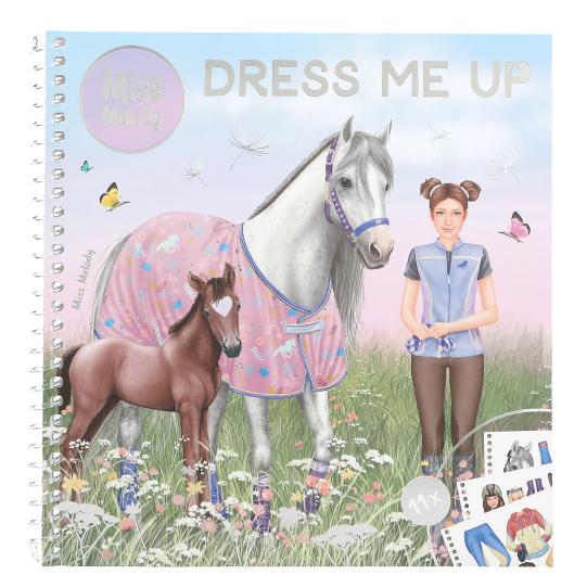 Dress-up book cover with horses and a girl in a field, featuring 'Miss Melody' brand.