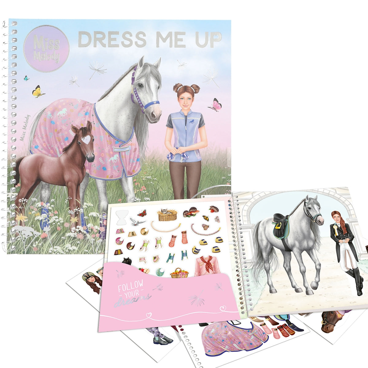 Horse-themed activity book with illustrations of a horse, rider, and various accessories on a white background.