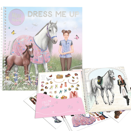 Horse-themed activity book with illustrations of a horse, rider, and various accessories on a white background.