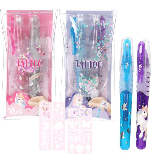 Unicorn-themed tattoo set with packaging on a white background