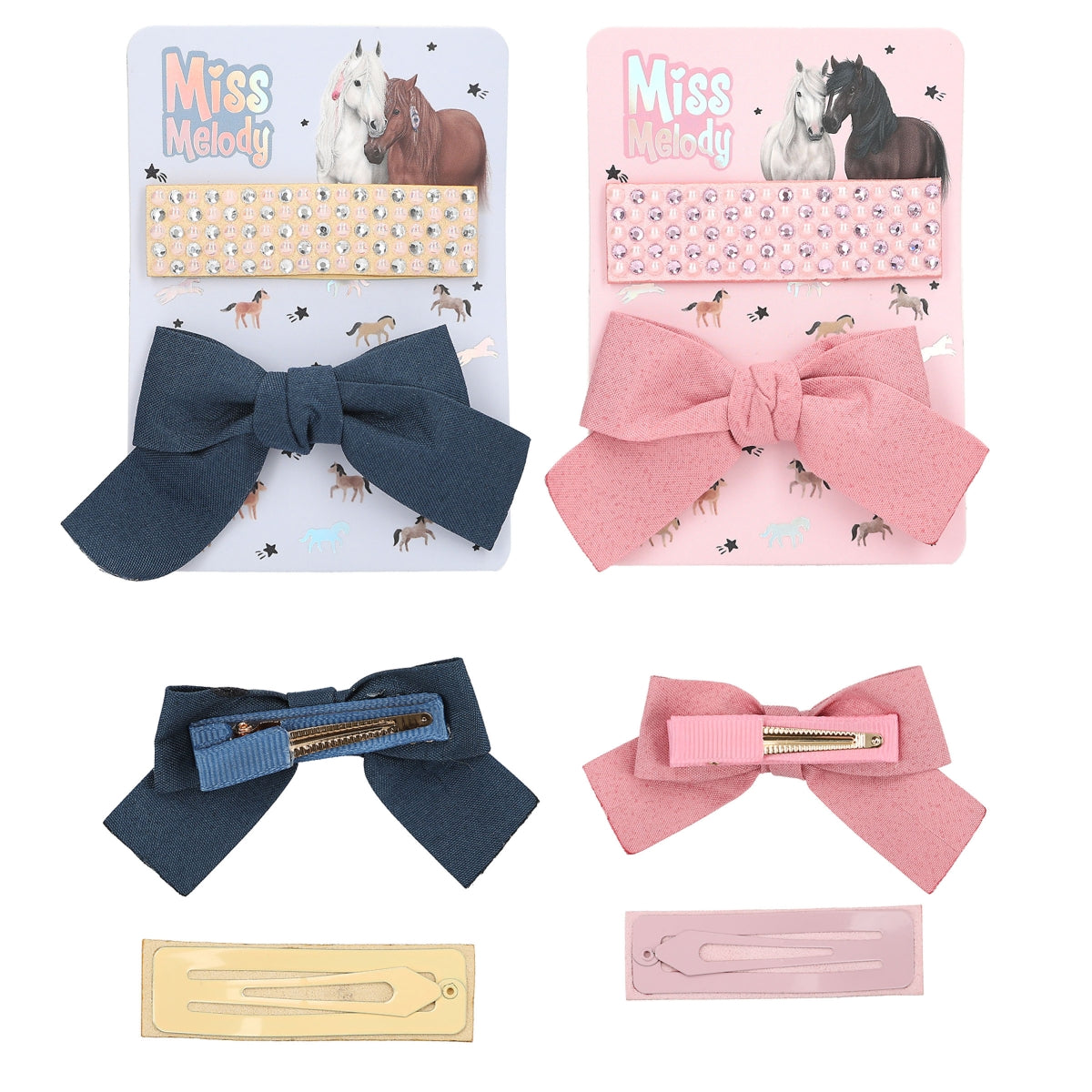 Set of hair bows with packaging labeled 'Miss Melody' on a white background