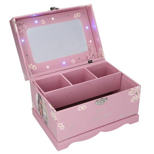Pink jewelry box with floral designs and LED lights on a white background