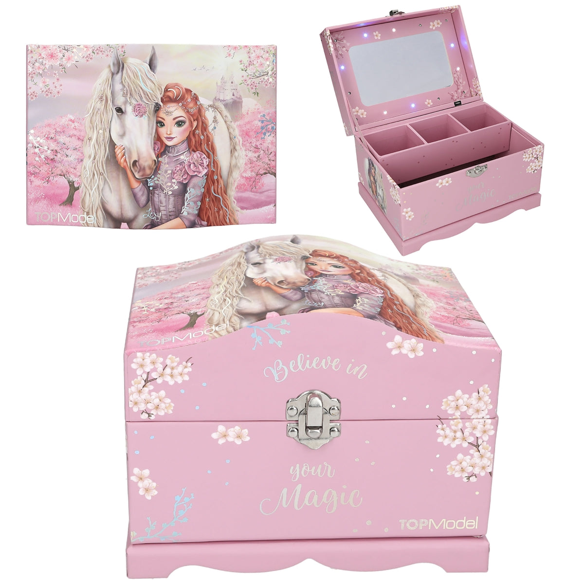 Pink jewelry box with horse and fairy design, featuring the text 'Believe in your magic'.
