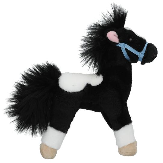 Plush toy horse with black, white, and brown colors on a white background