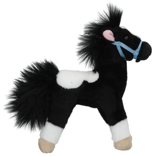 Plush toy horse with black, white, and brown colors on a white background