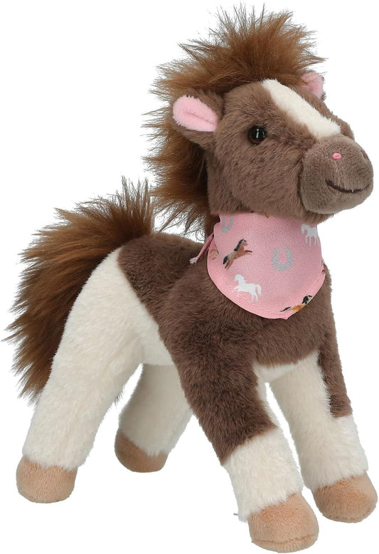 Plush horse toy with a pink bandana on a white background