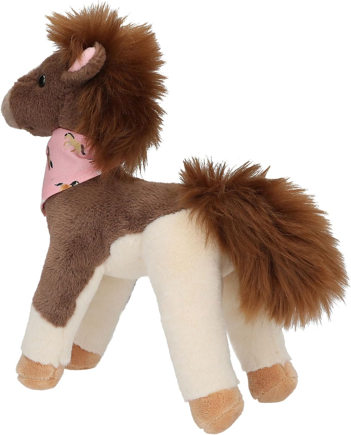 Plush toy horse with a pink bandana on a white background